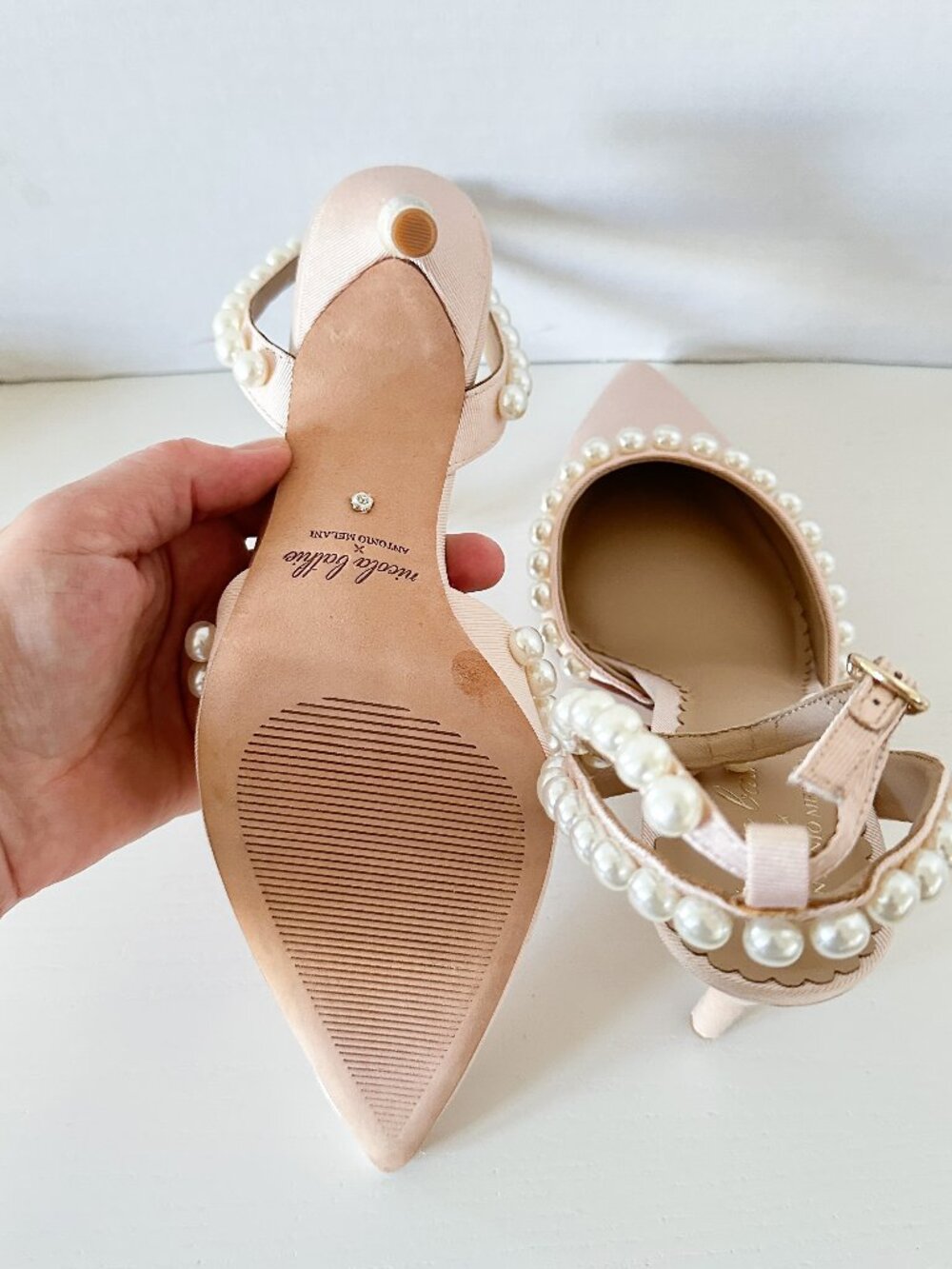 NWOB Antonio Melani x Nicola Bathie Bebe Nude Ankle Strap Pearl Pumps Size 8.5 - Picture 5 of 5